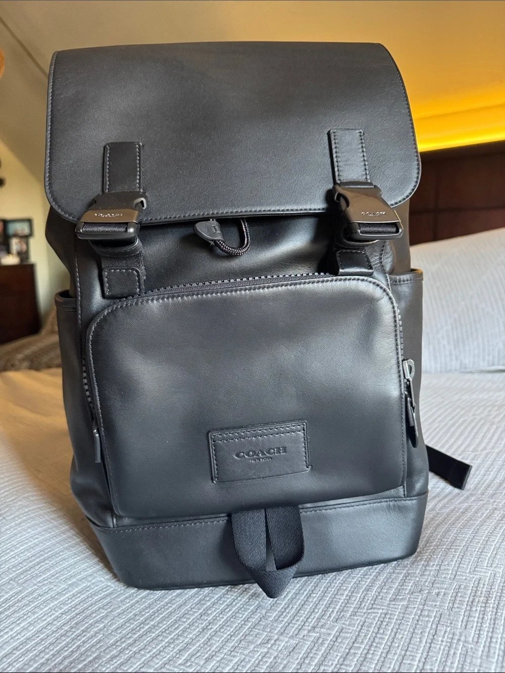 Coach Black Leather Men's Backpack with Front Zip Pocket